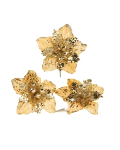 WeRChristmas Artificial Gold Poinsettia Flower With Clip, 3 Pack, 12 Cm