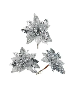 WeRChristmas Artificial Silver Poinsettia Flower With Clip, 3 Pack, 12 Cm
