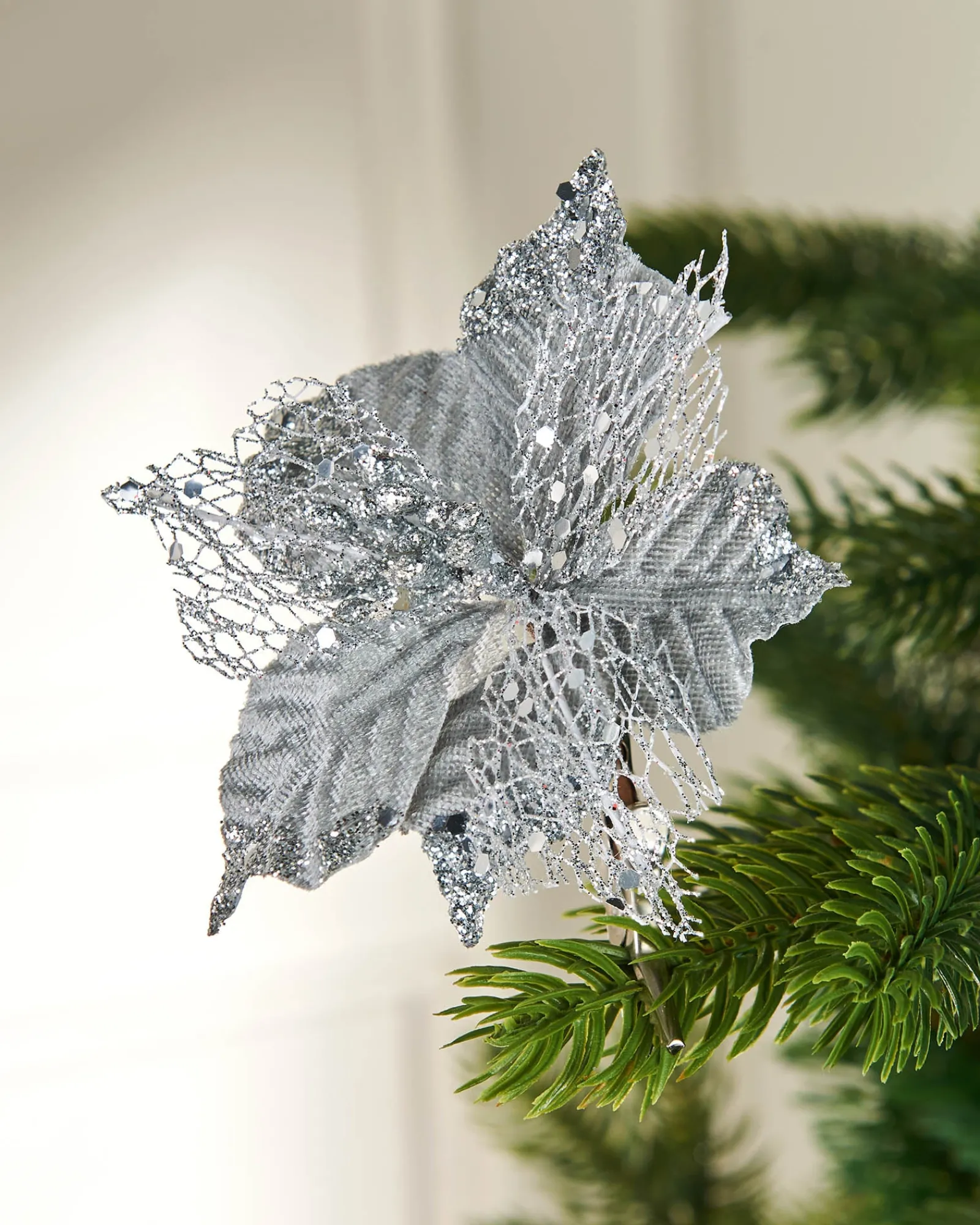 WeRChristmas Artificial Silver Poinsettia Flower With Clip, 3 Pack, 12 Cm