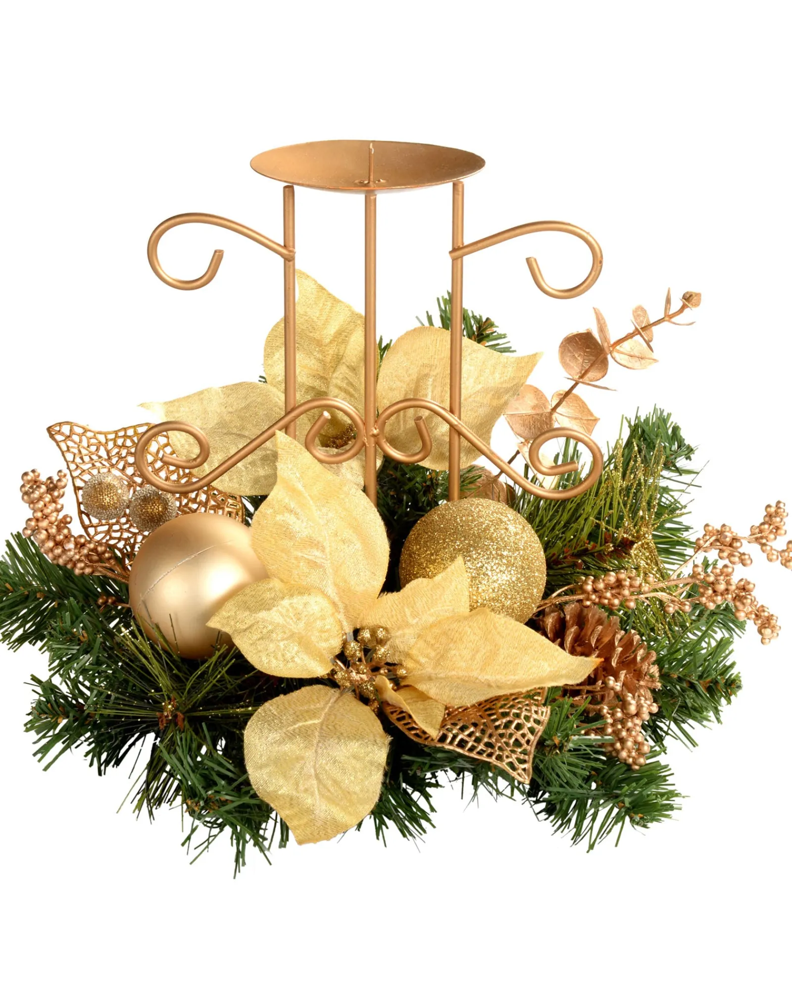 WeRChristmas Decorated Table Centre Piece Candle Holder - Cream/ Gold, Single Pillar