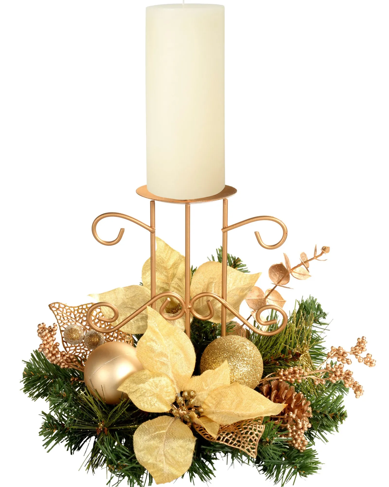 WeRChristmas Decorated Table Centre Piece Candle Holder - Cream/ Gold, Single Pillar