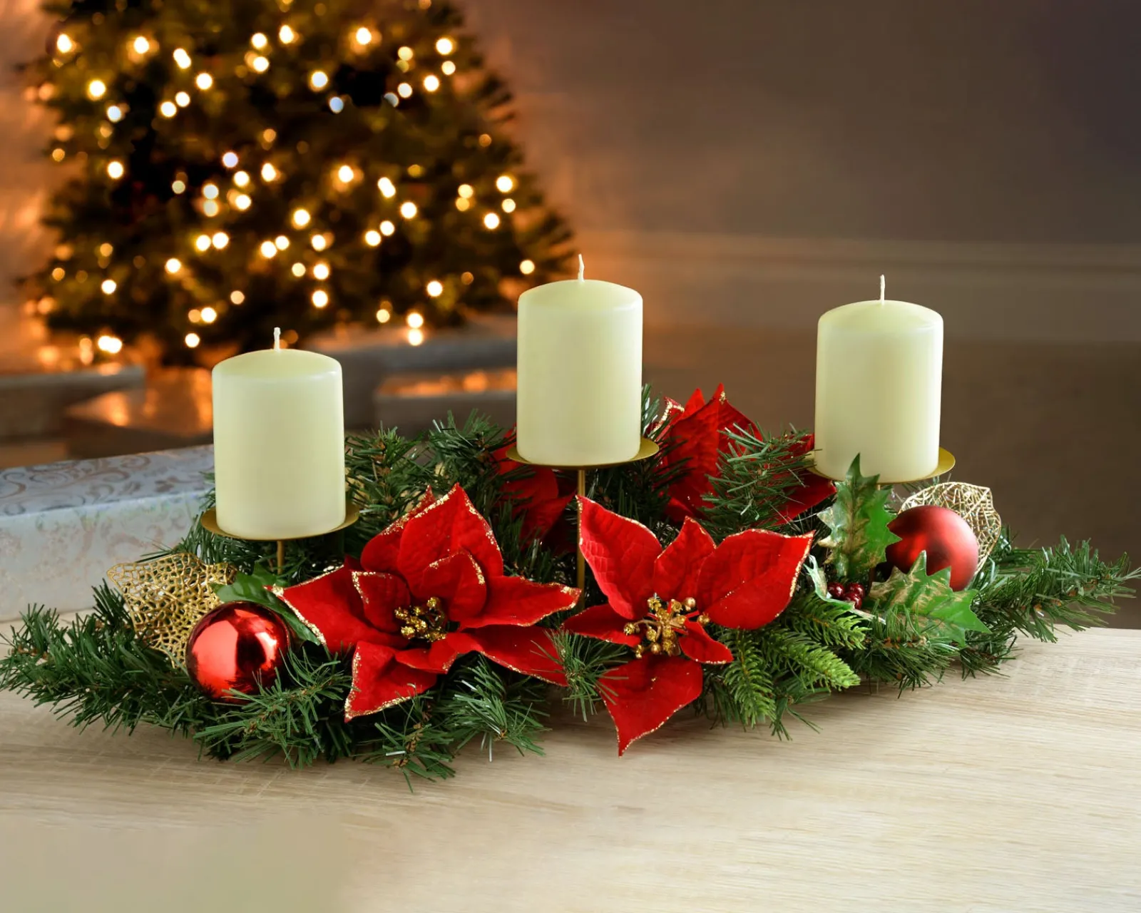 WeRChristmas Decorated Table Centre Piece Candle Holder - Red/Gold, 3 Pillar