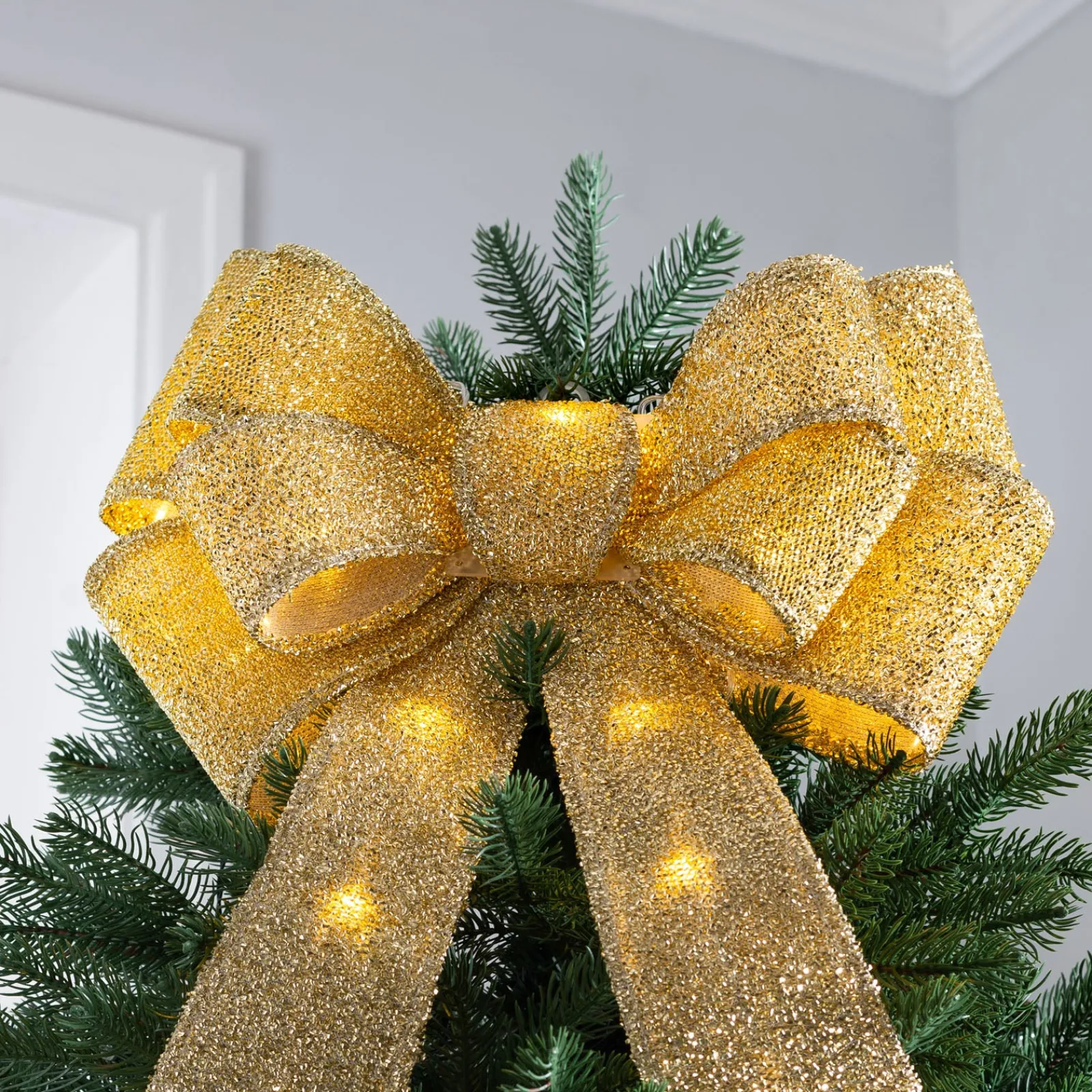 WeRChristmas Pre-Lit Bow Tree Topper, Gold, 60 Cm