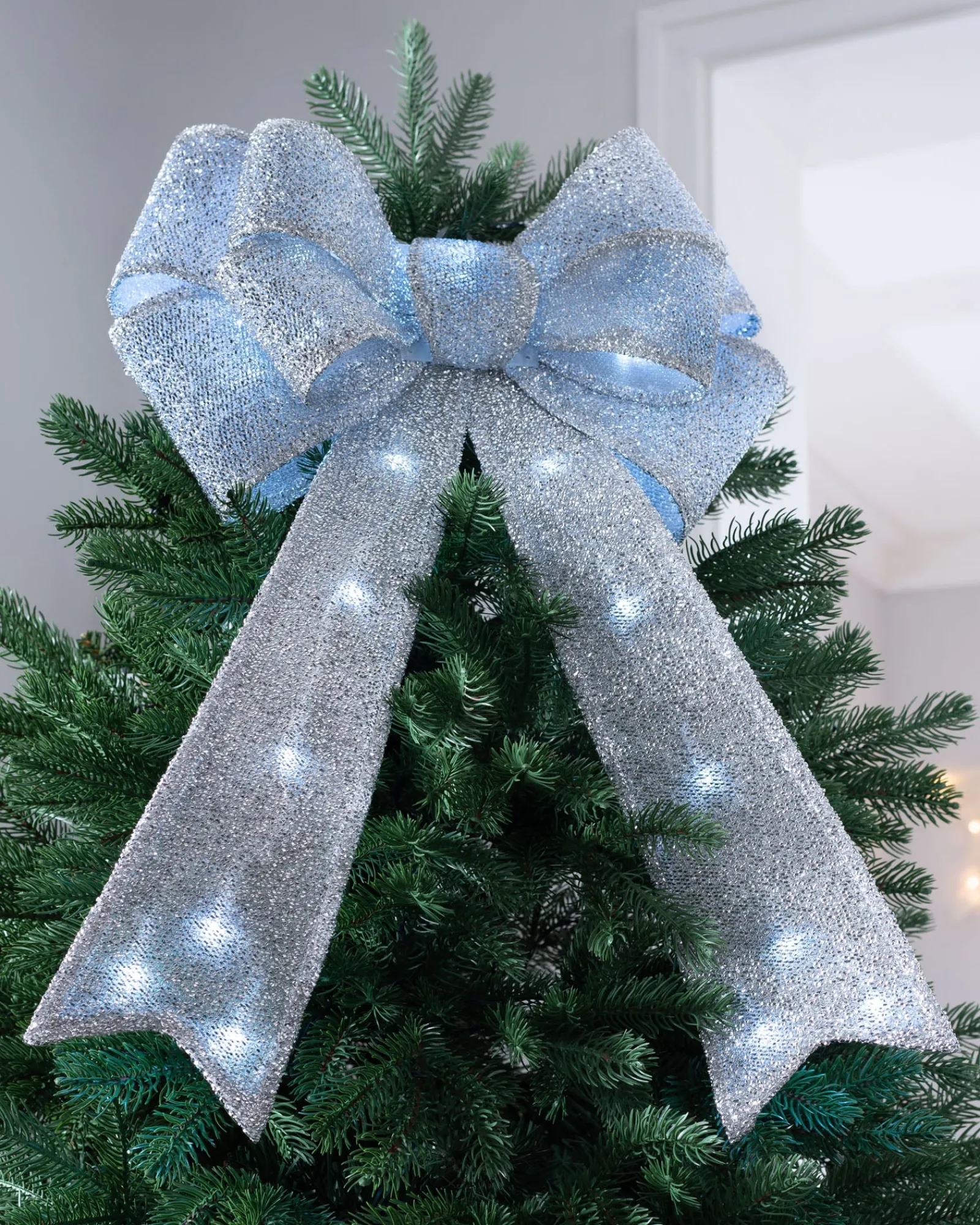 WeRChristmas Pre-Lit Bow Tree Topper, Silver, 60 Cm