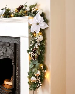 WeRChristmas Pre-Lit Decorated Frosted Garland, White/Silver, 9 Ft