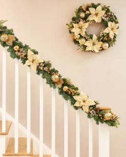 WeRChristmas Pre-Lit Decorated Garland, Cream/Gold, 9 Ft