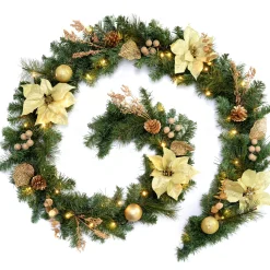 WeRChristmas Pre-Lit Decorated Garland, Cream/Gold, 9 Ft