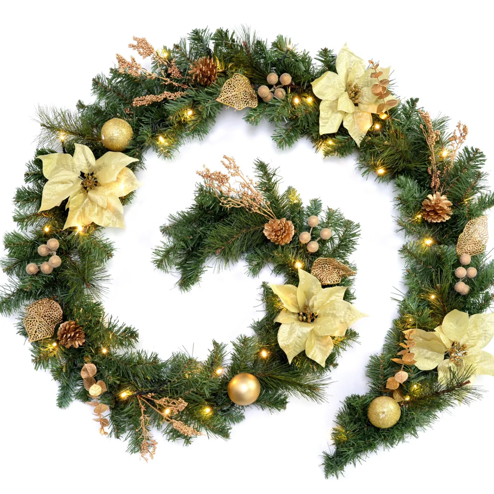 WeRChristmas Pre-Lit Decorated Garland, Cream/Gold, 9 Ft