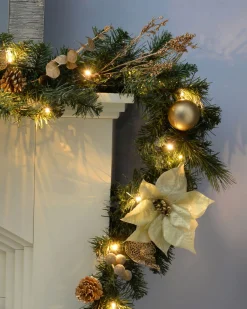 WeRChristmas Pre-Lit Decorated Garland, Cream/Gold, 9 Ft
