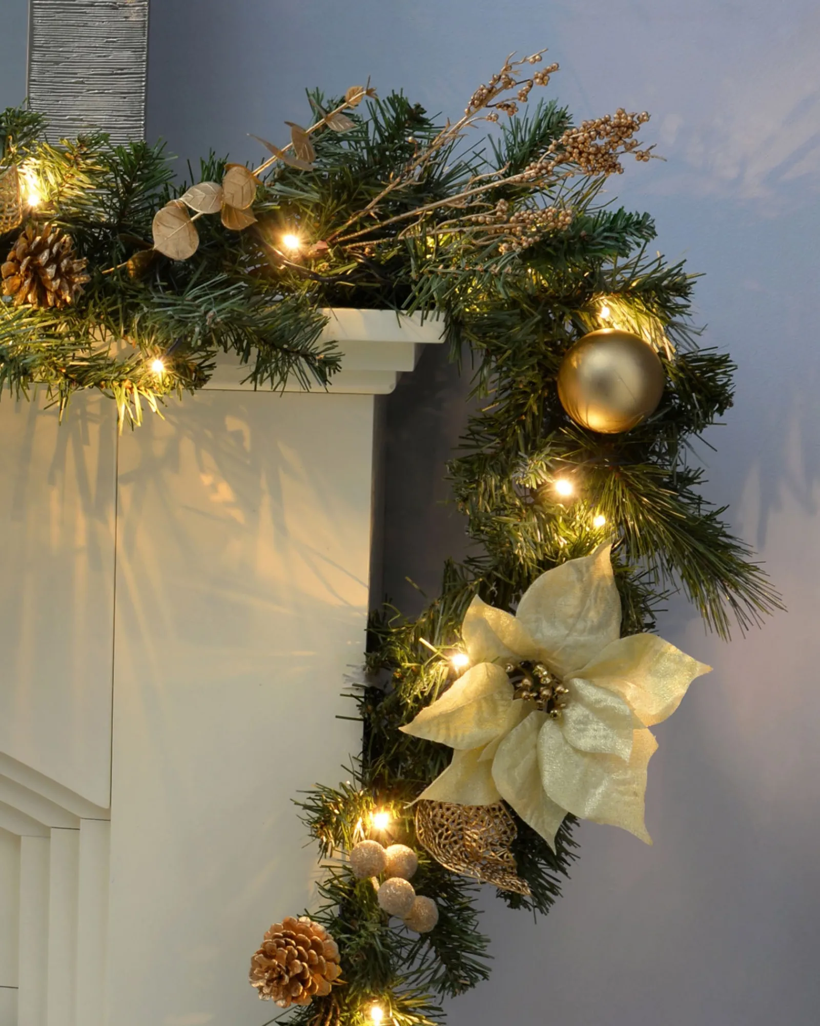 WeRChristmas Pre-Lit Decorated Garland, Cream/Gold, 9 Ft