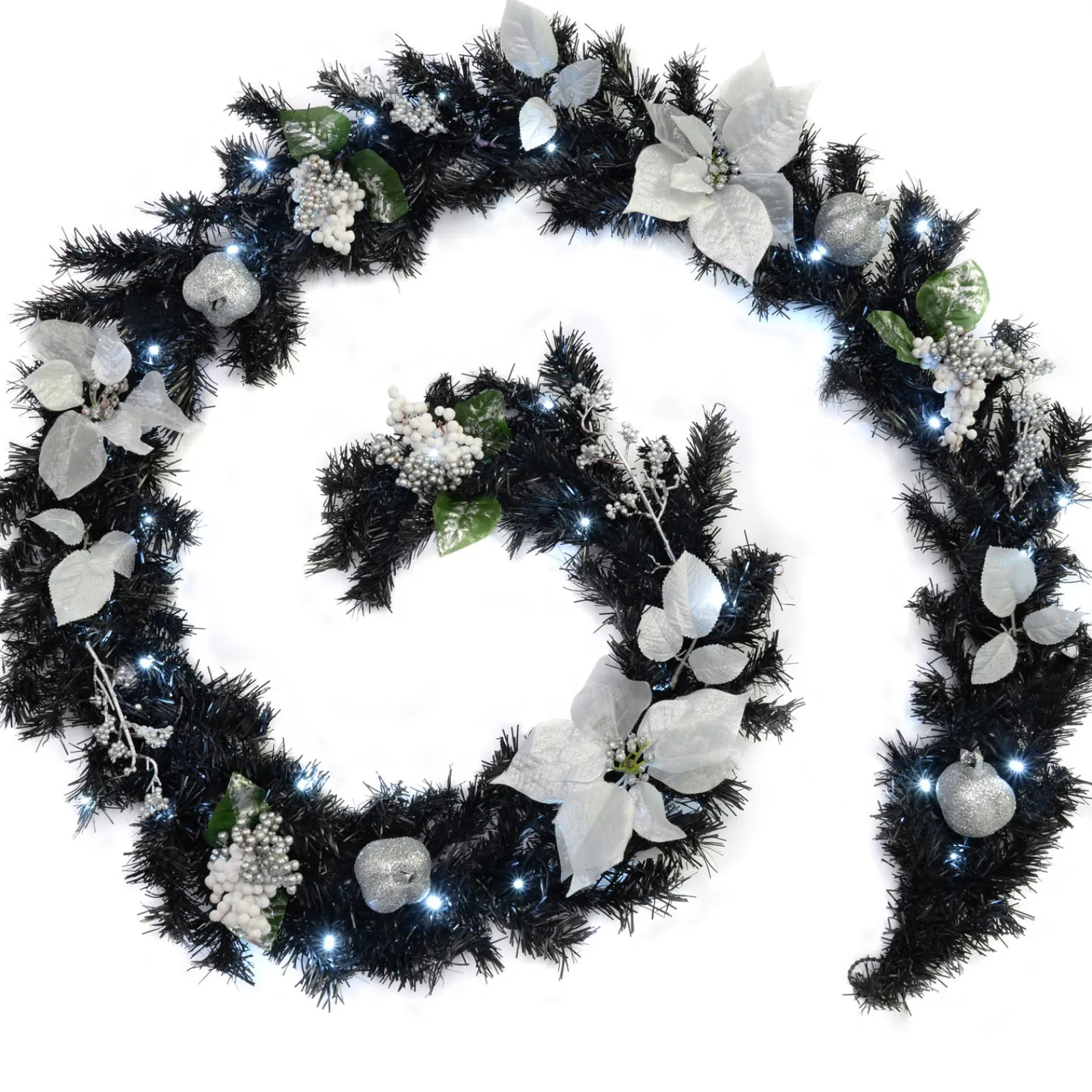WeRChristmas Pre-Lit Decorated Garland, Black/Silver, 9 Ft