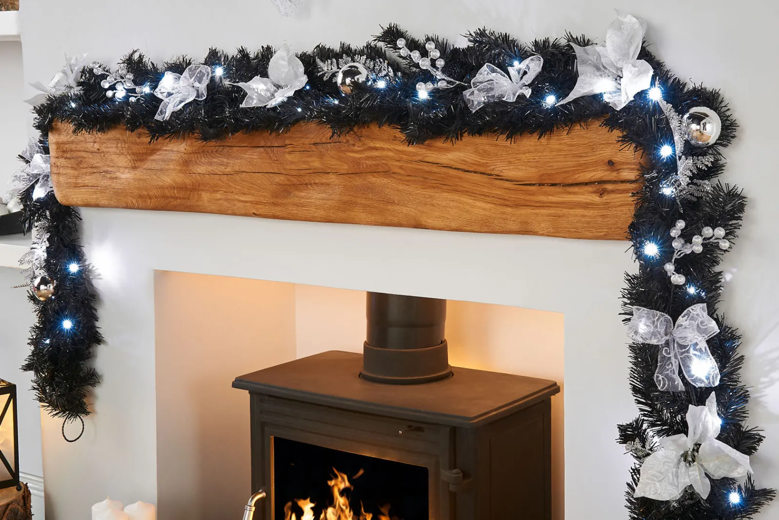 WeRChristmas Pre-Lit Decorated Garland, Black/Silver, 9 Ft