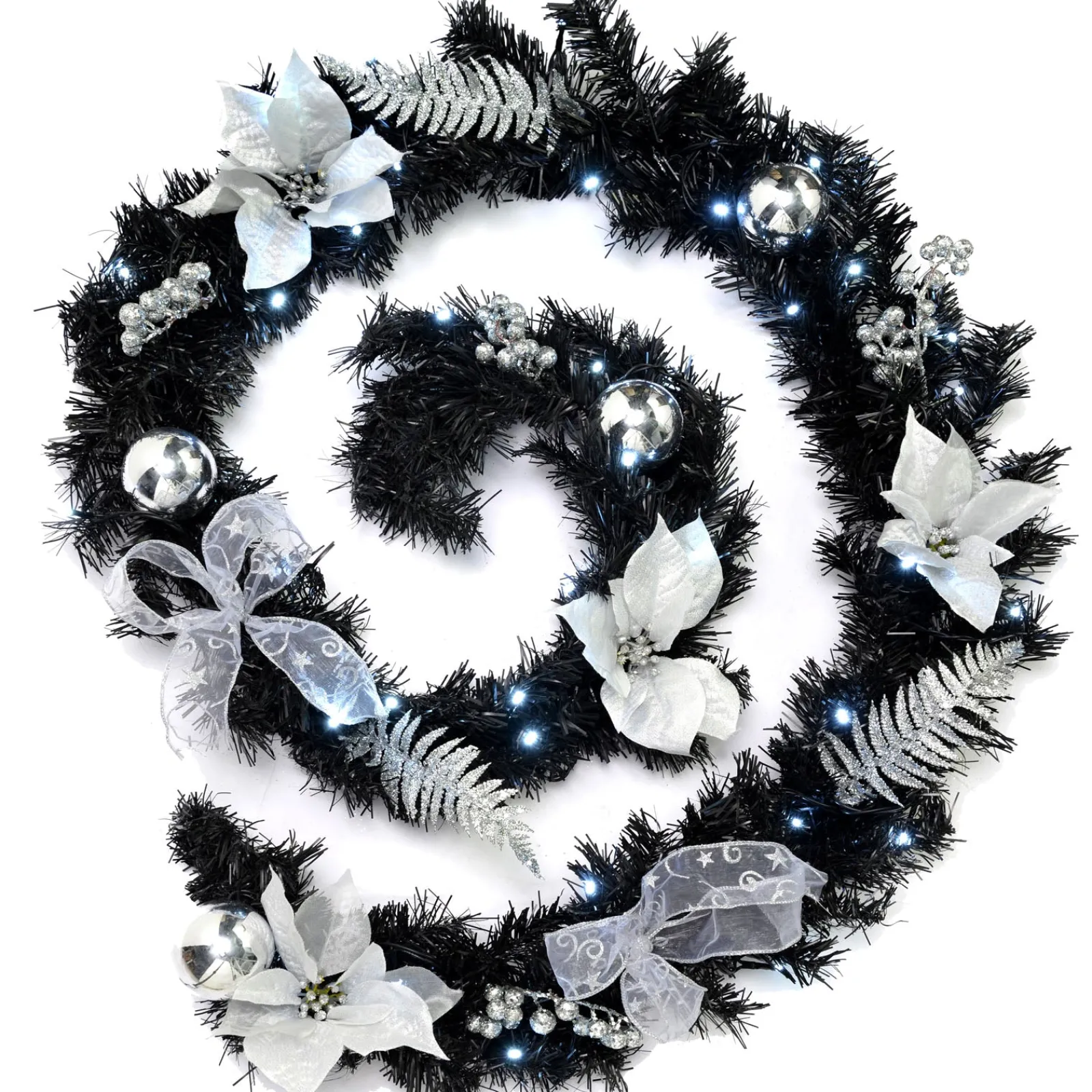 WeRChristmas Pre-Lit Decorated Garland, Black/Silver, 9 Ft