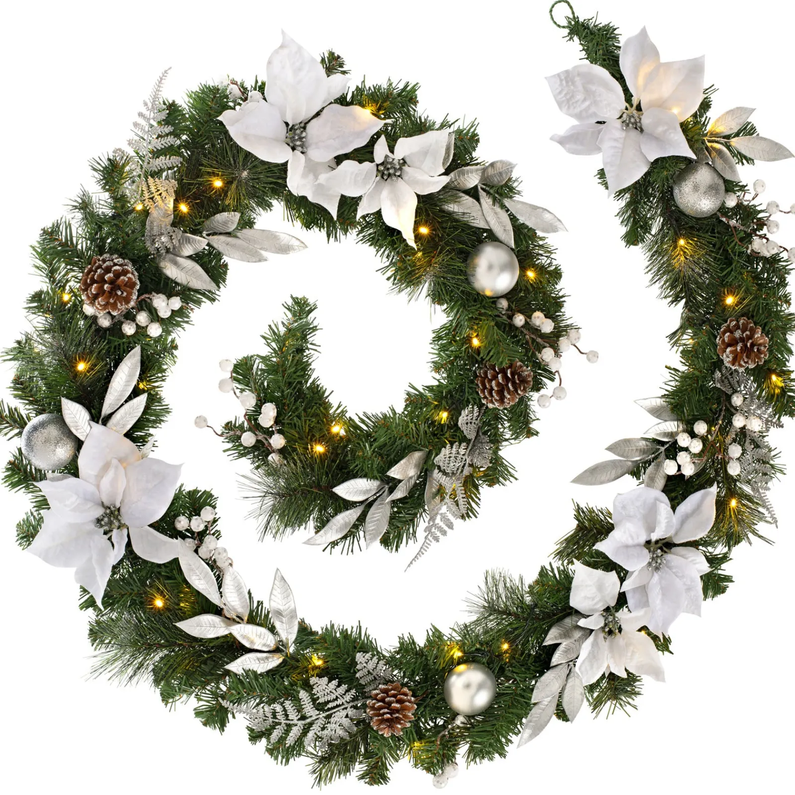 WeRChristmas Pre-Lit Decorated Garland, Silver/White, 9 Ft