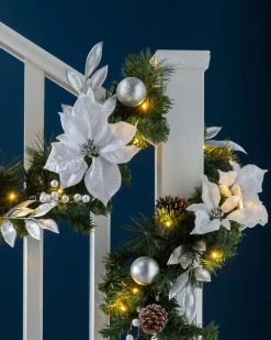 WeRChristmas Pre-Lit Decorated Garland, Silver/White, 9 Ft