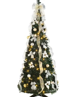 WeRChristmas Pre-Lit Decorated Holly Pop-Up Christmas Tree, Champagne & Silver, 6 Ft