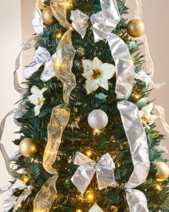 WeRChristmas Pre-Lit Decorated Holly Pop-Up Christmas Tree, Champagne & Silver, 6 Ft