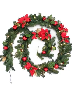 WeRChristmas Pre-Lit Decorated Multi-Function Garland, Red/Gold, 9 Ft