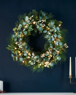 WeRChristmas Pre-Lit Decorated Wreath, Berries & Eucalyptuses, 76 Cm