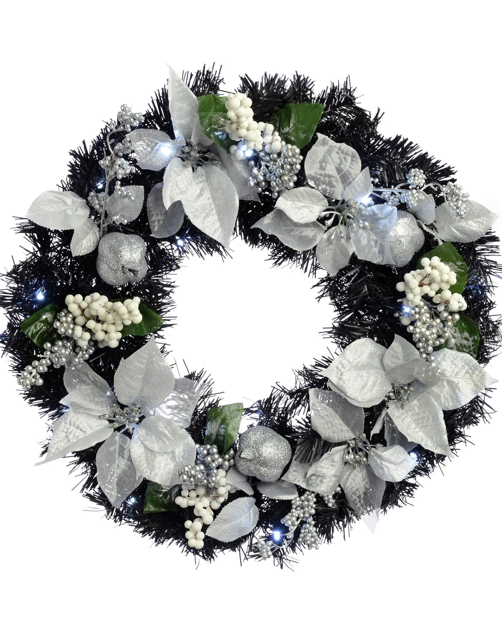 WeRChristmas Pre-Lit Decorated Wreath, Black/Silver, 60 Cm