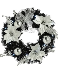 WeRChristmas Pre-Lit Decorated Wreath, Black/Silver, 60 Cm