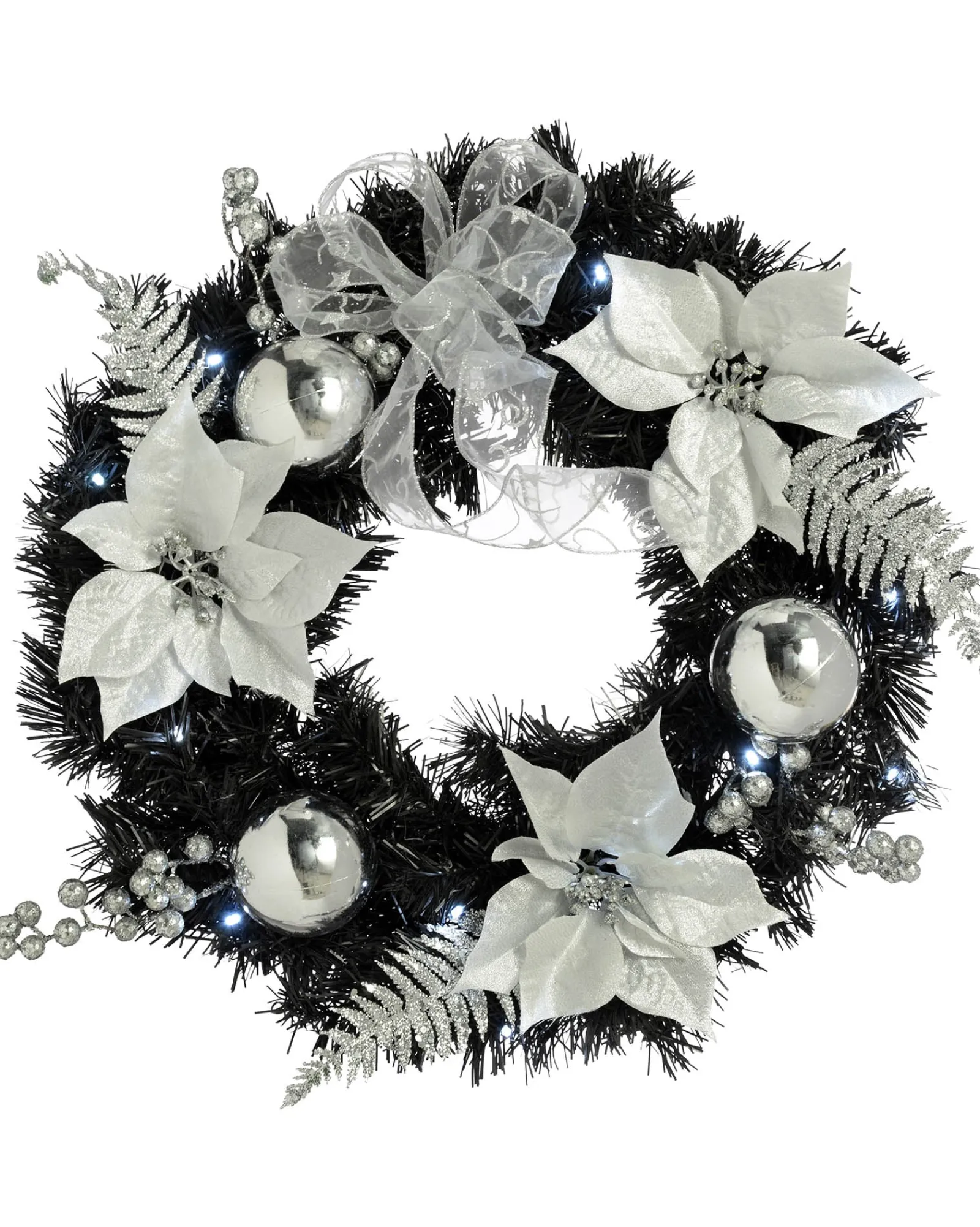 WeRChristmas Pre-Lit Decorated Wreath, Black/Silver, 60 Cm