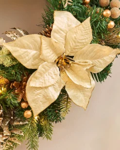 WeRChristmas Pre-Lit Decorated Wreath, Cream/Gold, 60 Cm