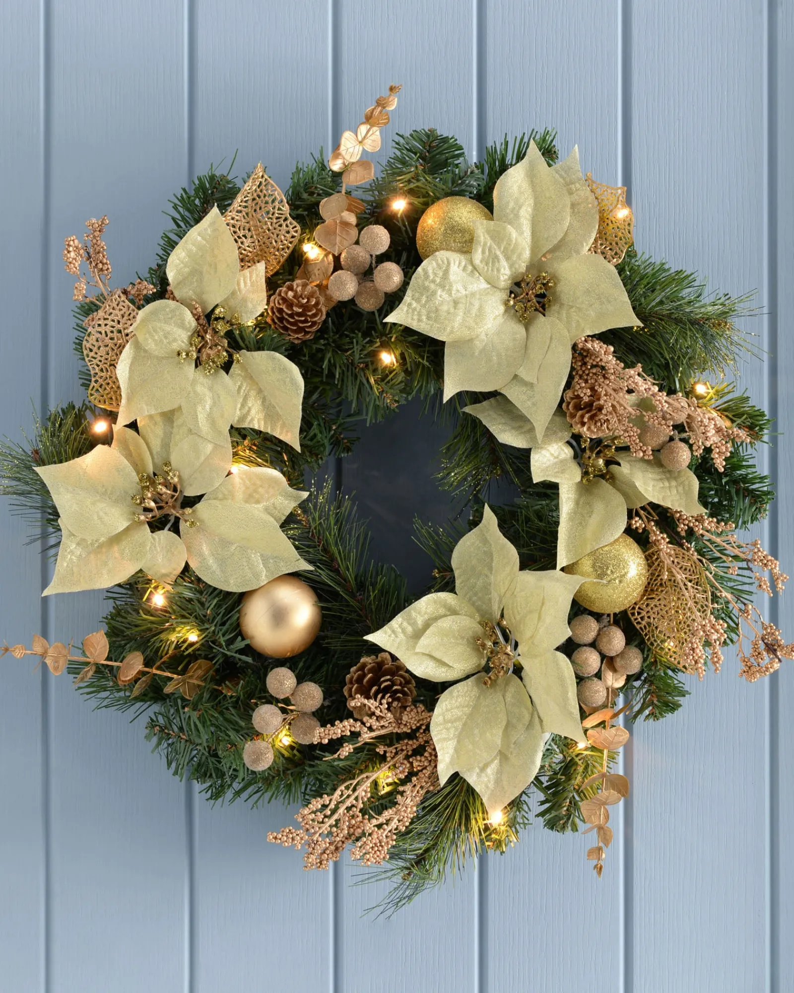 WeRChristmas Pre-Lit Decorated Wreath, Cream/Gold, 60 Cm