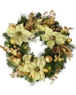 WeRChristmas Pre-Lit Decorated Wreath, Cream/Gold, 60 Cm