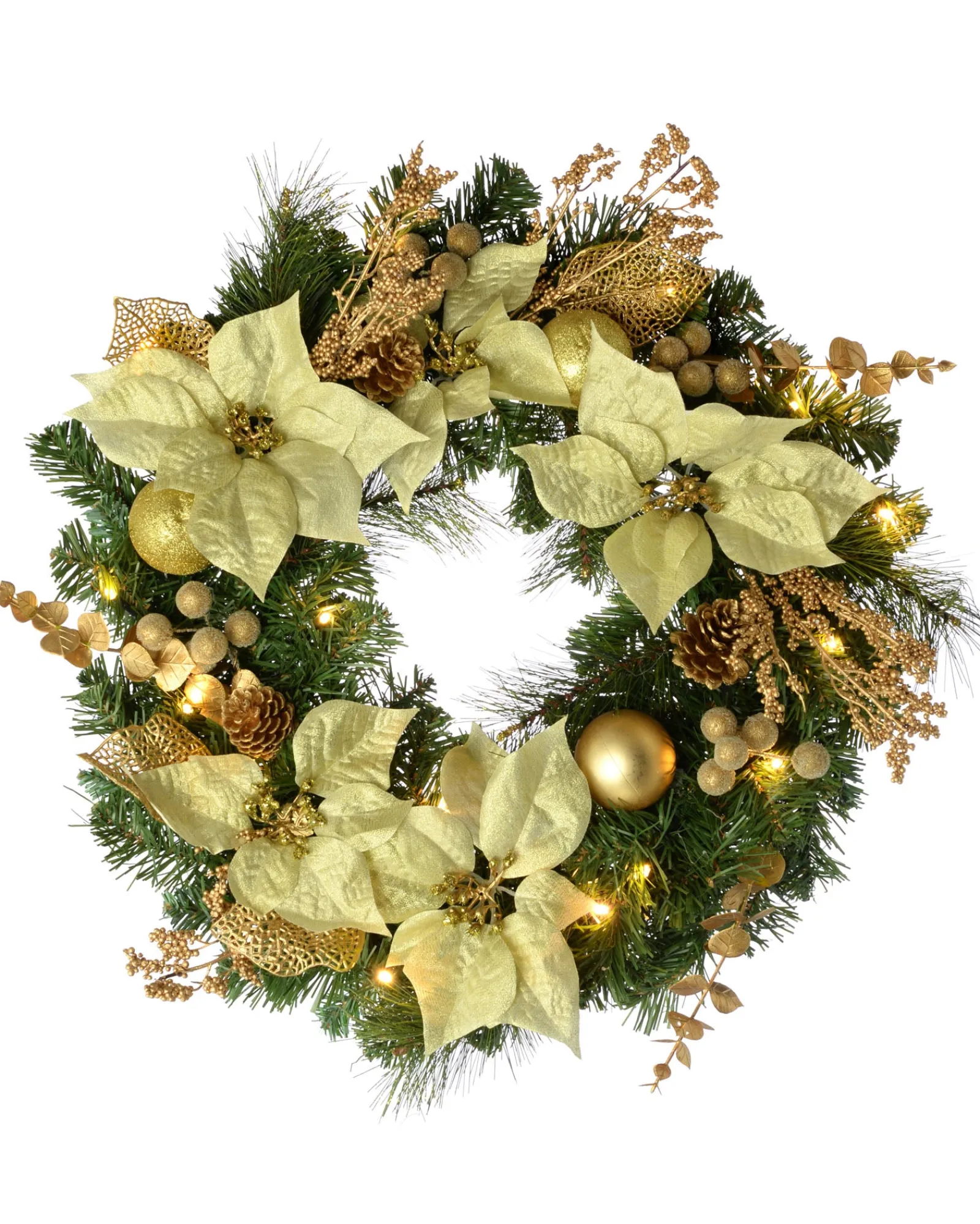 WeRChristmas Pre-Lit Decorated Wreath, Cream/Gold, 60 Cm