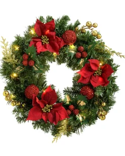 WeRChristmas Pre-Lit Decorated Wreath, Red/Gold, 60 Cm