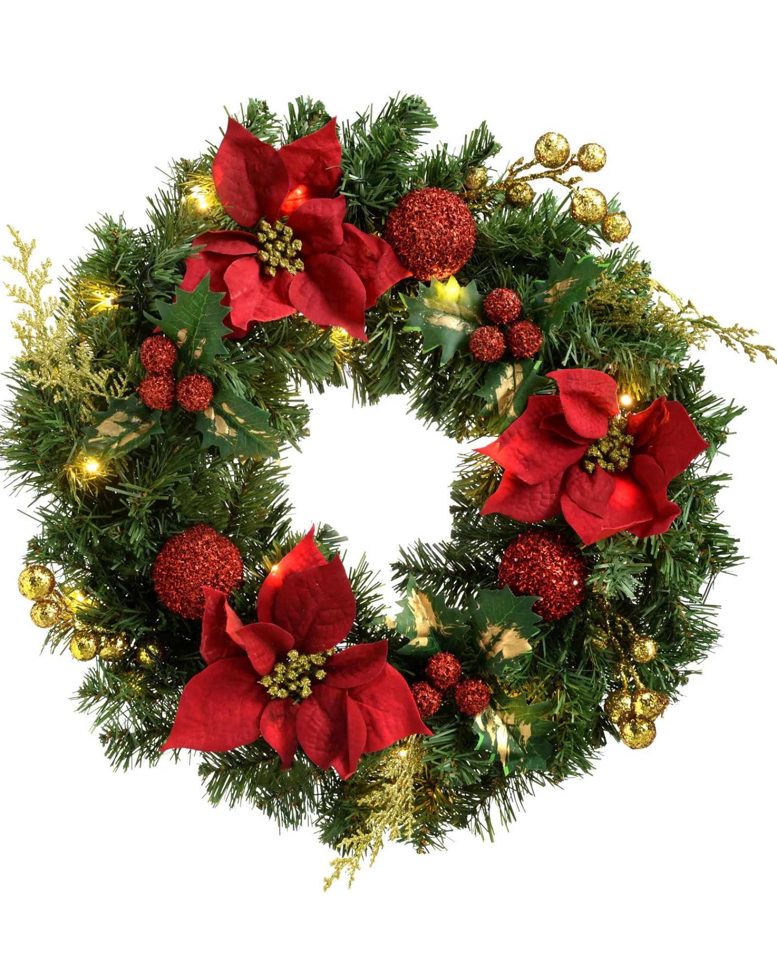 WeRChristmas Pre-Lit Decorated Wreath, Red/Gold, 60 Cm