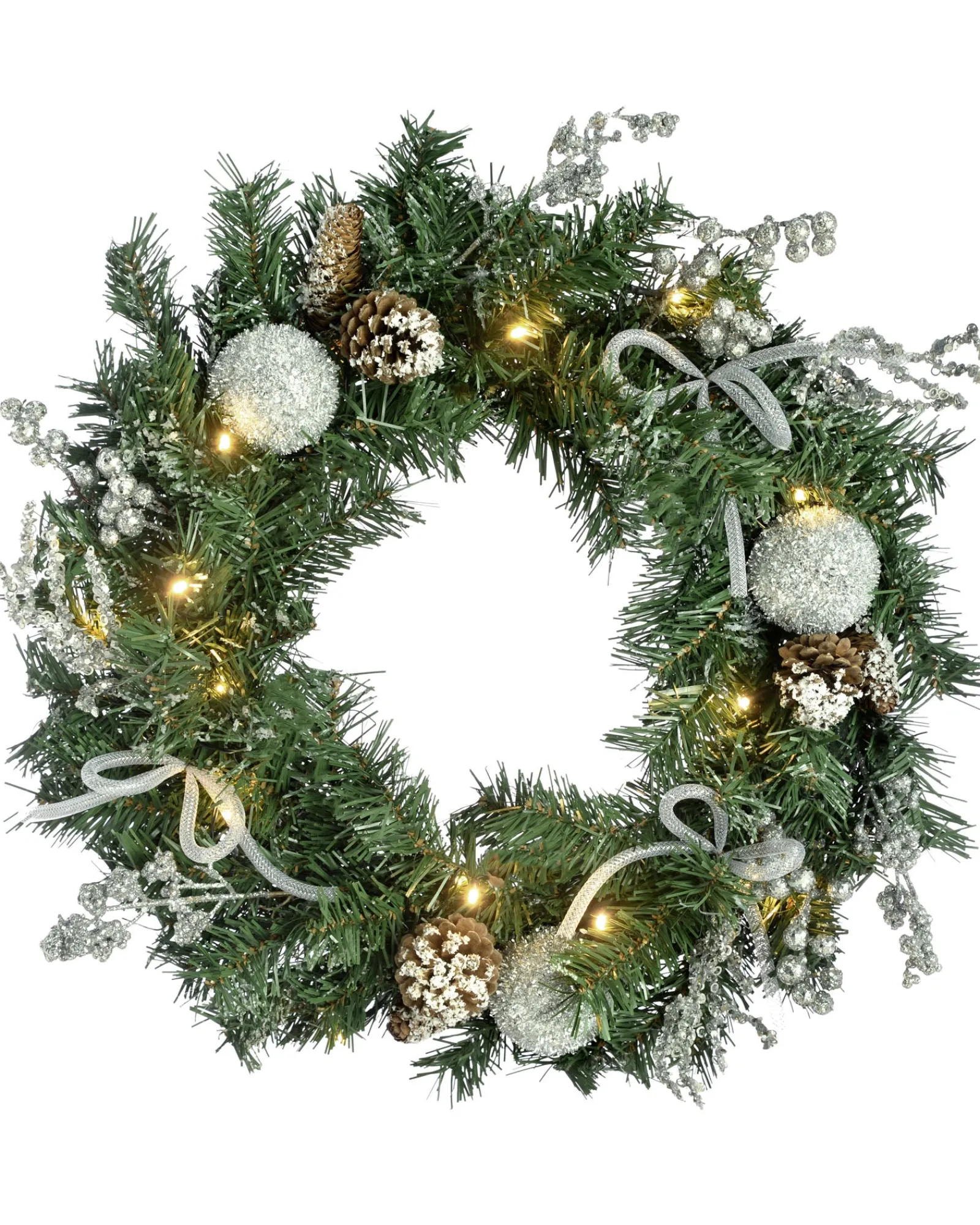WeRChristmas Pre-Lit Decorated Wreath, Silver Ice, 60 Cm