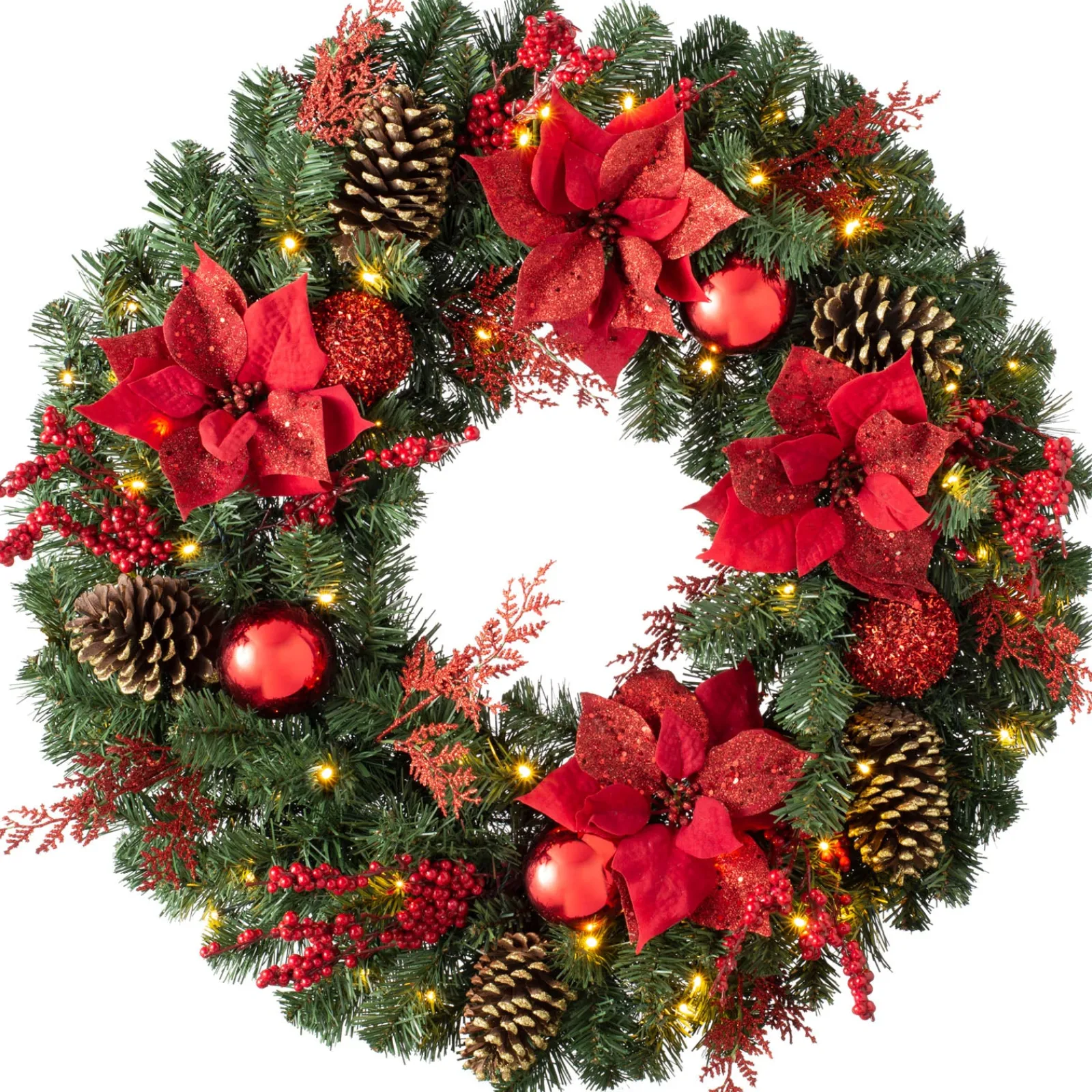 WeRChristmas Pre-Lit Extra Thick Decorated Wreath, Red/Gold, 76 Cm