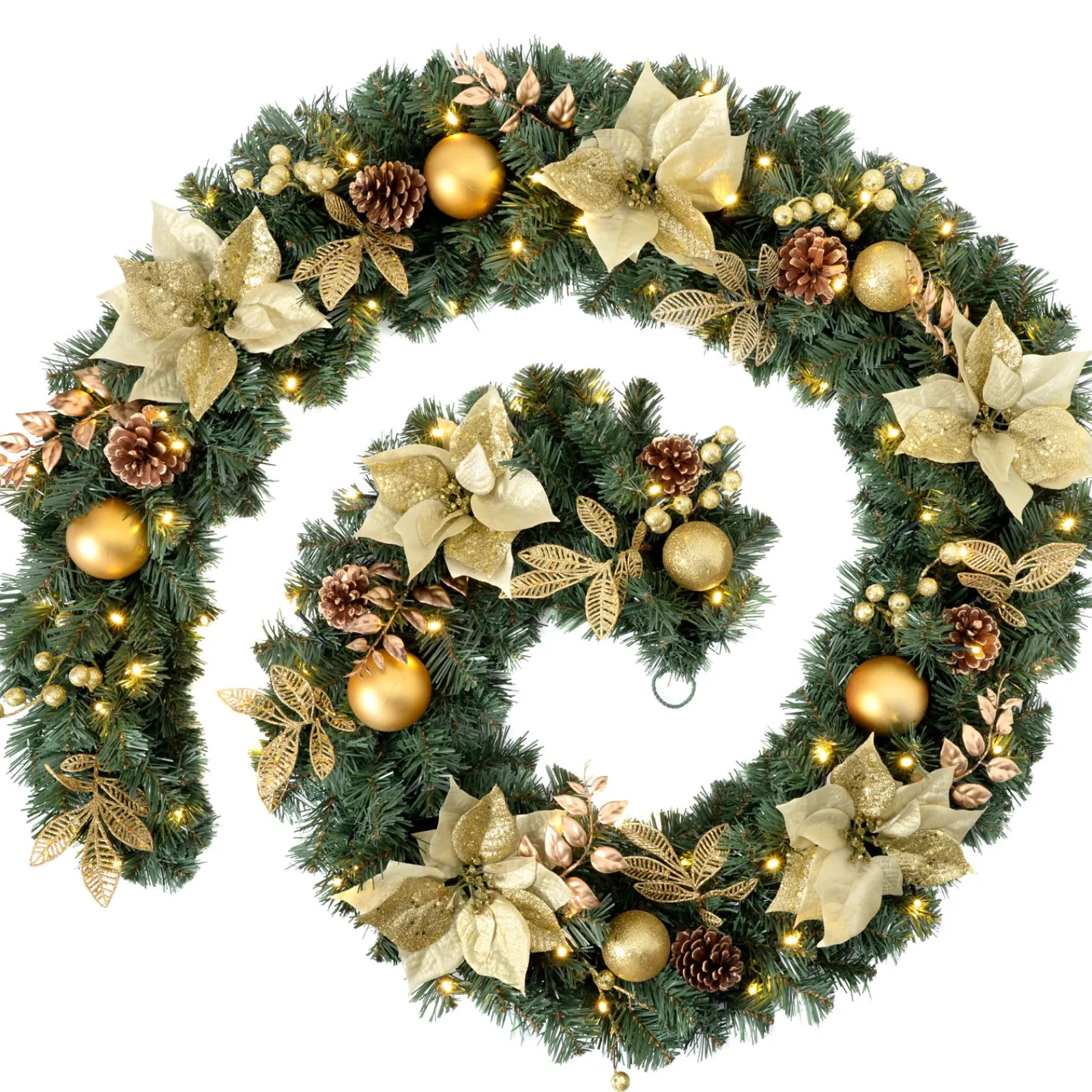WeRChristmas Pre-Lit Extra Thick Garland, Static, Cream/Gold, 9 Ft