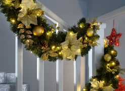 WeRChristmas Pre-Lit Extra Thick Garland, Static, Cream/Gold, 9 Ft
