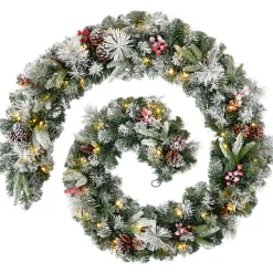 WeRChristmas Pre-Lit Extra Thick Mixed Pine Snow Flocked Garland, Pinecones & Berries, Static, 9 Ft