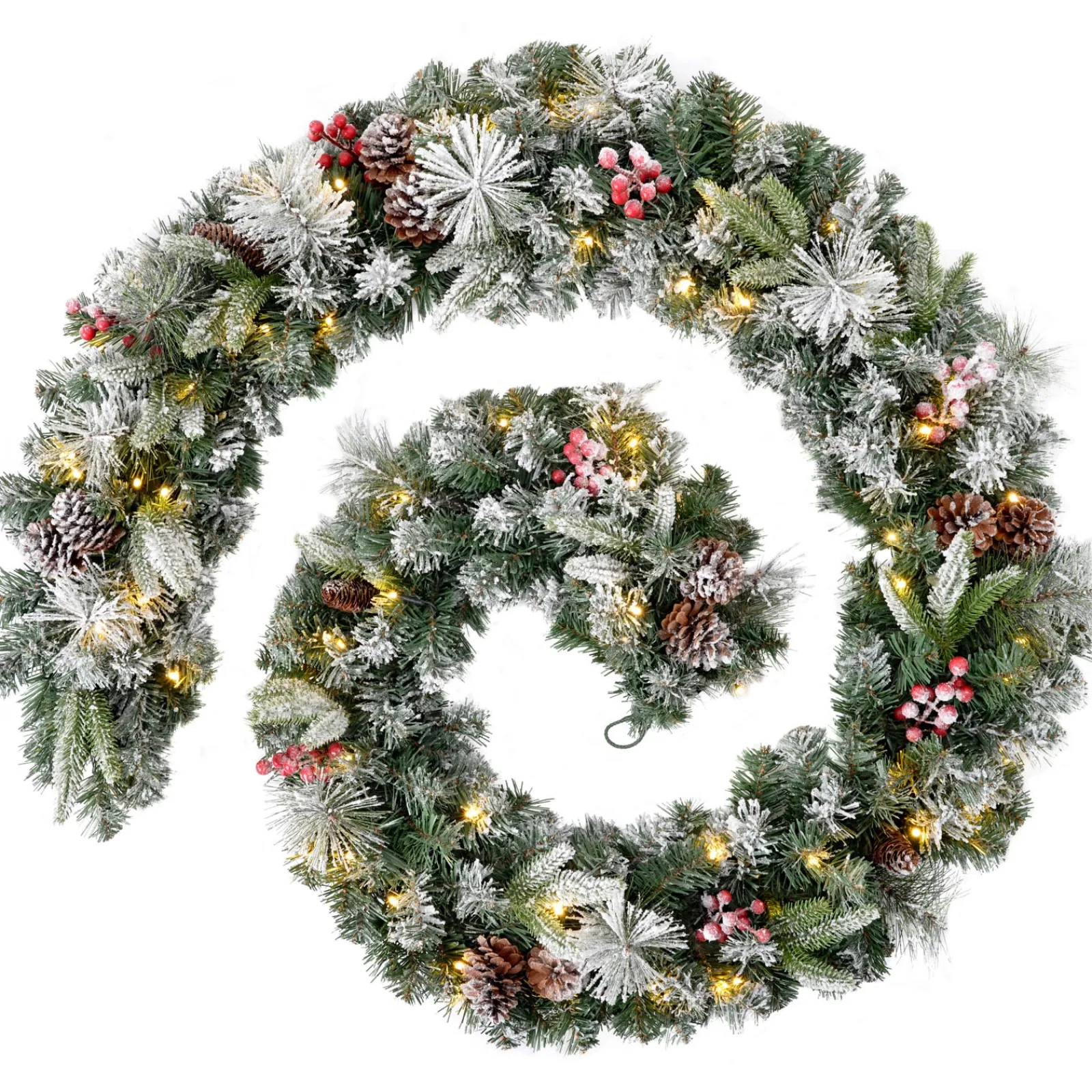 WeRChristmas Pre-Lit Extra Thick Mixed Pine Snow Flocked Garland, Pinecones & Berries, Static, 9 Ft