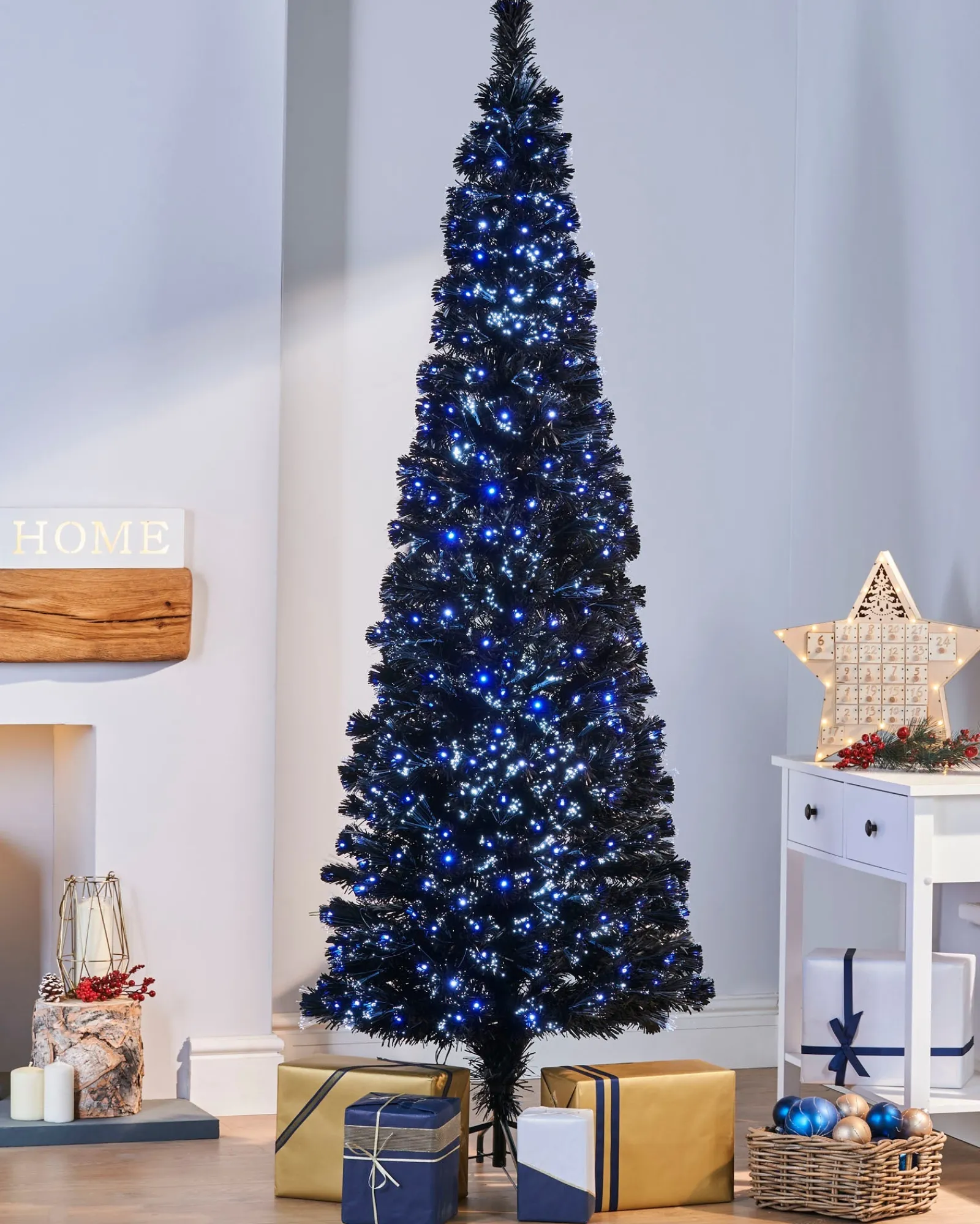 WeRChristmas Pre-Lit Fibre Optic Slim Black Christmas Tree, 7 Ft