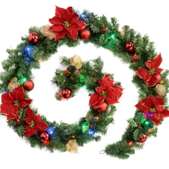 WeRChristmas Pre-Lit Multi-Coloured Decorated Garland, Red/Gold, 9 Ft