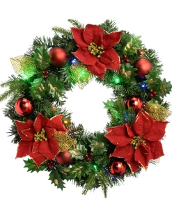 WeRChristmas Pre-Lit Multi-Coloured Decorated Wreath, Red/Gold, 60 Cm