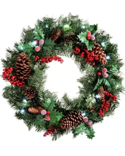 WeRChristmas Pre-Lit Natural Decorated Wreath, Pinecones & Berries, 60 Cm