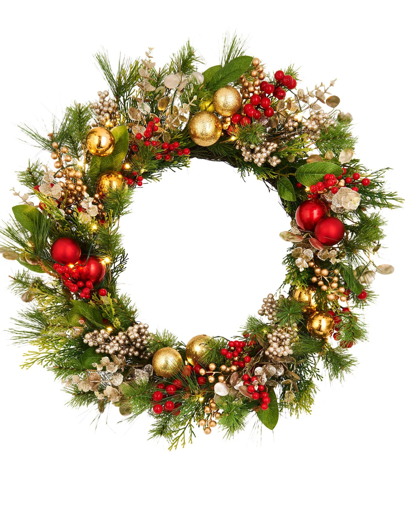 WeRChristmas Pre-Lit Red Berry Mixed Tip Wreath, 76 Cm