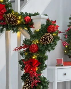 WeRChristmas Pre-Lit Red Decorated Extra Thick Garland, 9 Ft