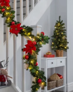 WeRChristmas Pre-Lit Warm White Decorated Garland, Red/Gold, 9 Ft