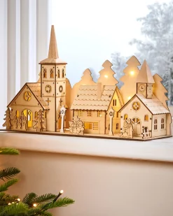 WeRChristmas Pre-Lit Wooden Church And Village Scene, 35 Cm