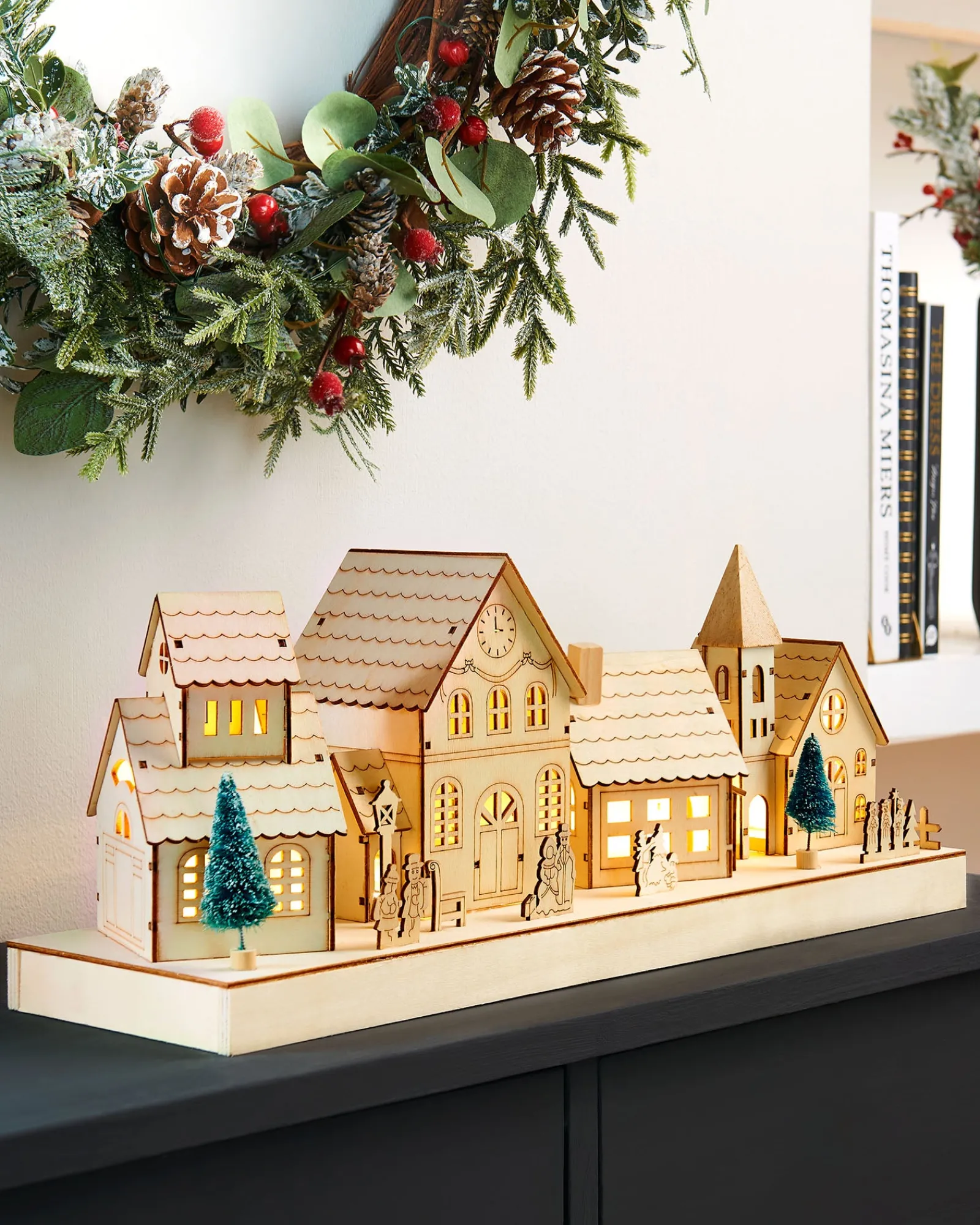 WeRChristmas Pre-Lit Wooden Village Scene, Neutral, 48 Cm