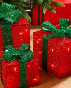 WeRChristmas Set Of 3 Pre-Lit Gift Box Silhouettes, Red, 26 Cm