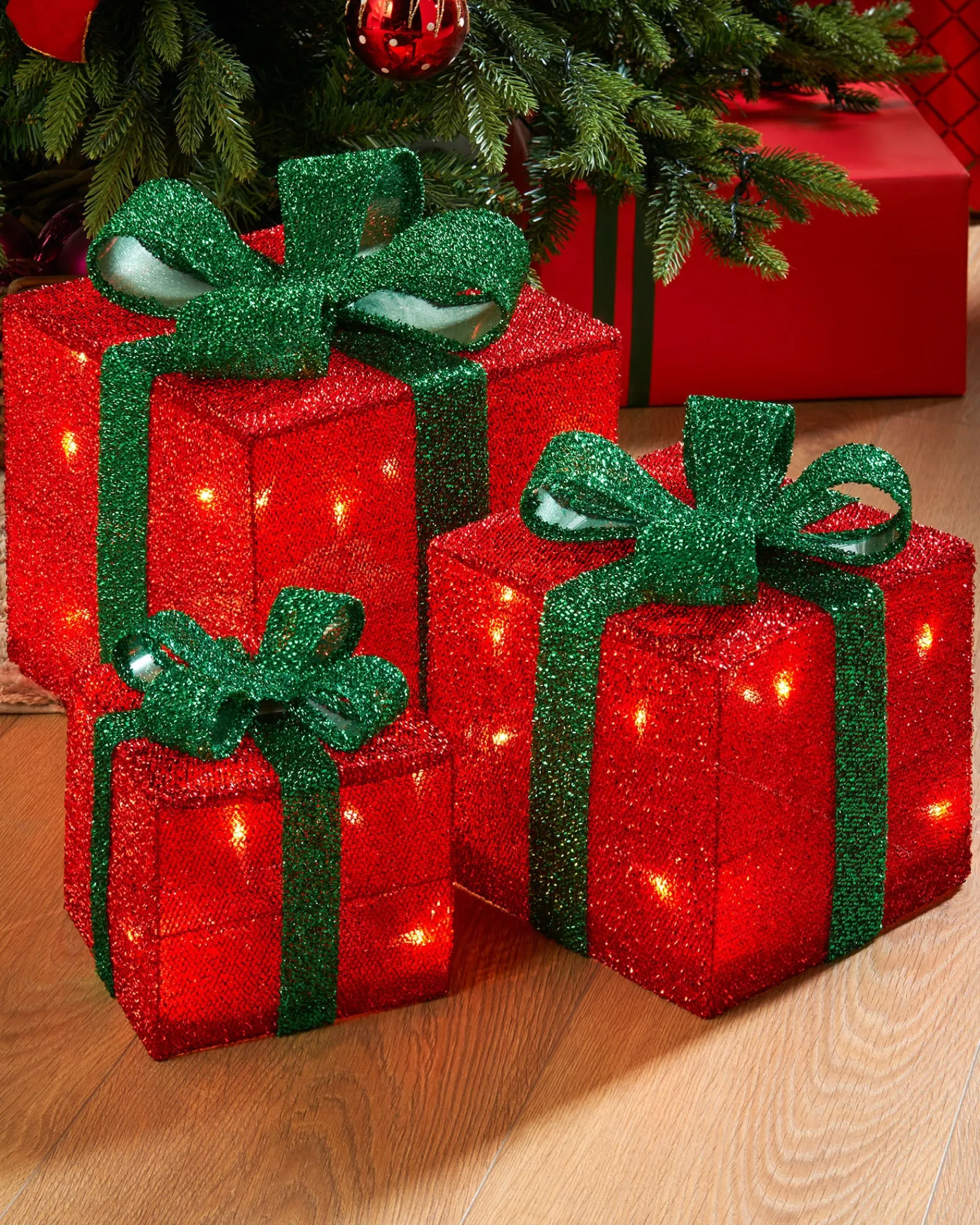 WeRChristmas Set Of 3 Pre-Lit Gift Box Silhouettes, Red, 26 Cm