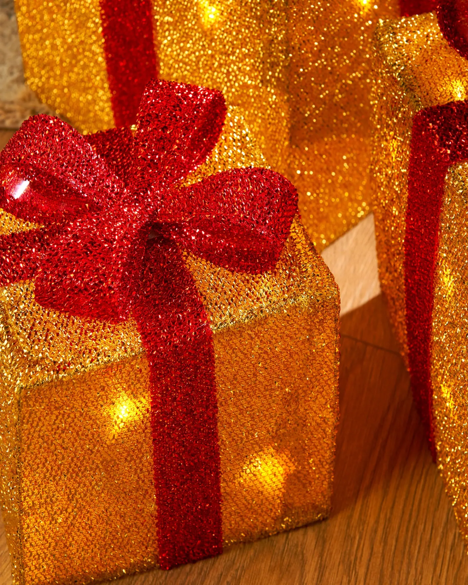 WeRChristmas Set Of 3 Pre-Lit Gift Box Silhouettes, Gold